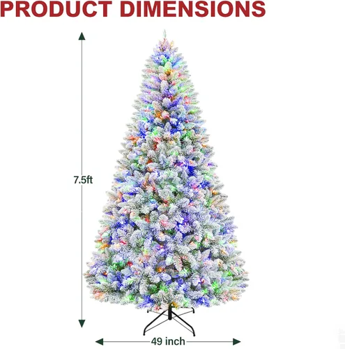 Vista 3 de Hykolity - Árbol de Navidad artificial preiluminado de 7.5 pies, con nieve artificial y 450 luces led multicolores, 10 modos, 1446 puntas de ramas