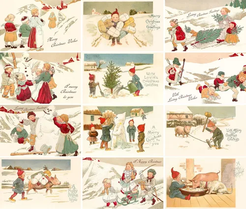 Vista 2 de PIXILUV Tarjetas de Navidad con Nieve Navideñas 12 Tarjetas Grandes ~ Navidad Blanca con Familia ~ Tarjetas Postales Navideñas Vintage Reimpresión