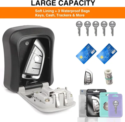 Vista 7 de Caja magnética para llaves debajo del automóvil, ocultar una llave, cerradura de combinación reajustable con 4 imanes fuertes, soporte magnético