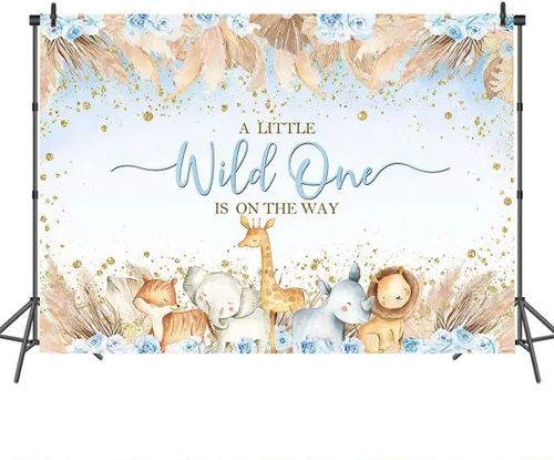 Vista 3 de Mocsicka Telón de fondo para baby shower de safari para niños, diseño bohemio, animales de la selva, un poco salvaje, uno está en el camino, vinilo