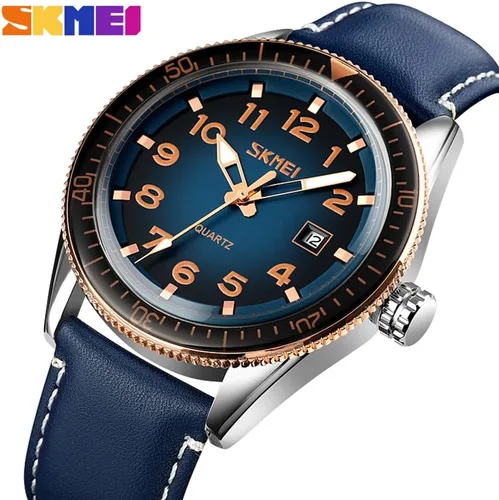 Vista 3 de SKMEI Relojes para hombre, correa de cuero negro, deportivo, grande, grande, de lujo, impermeable, luminoso, vestido de moda, casual, analógico