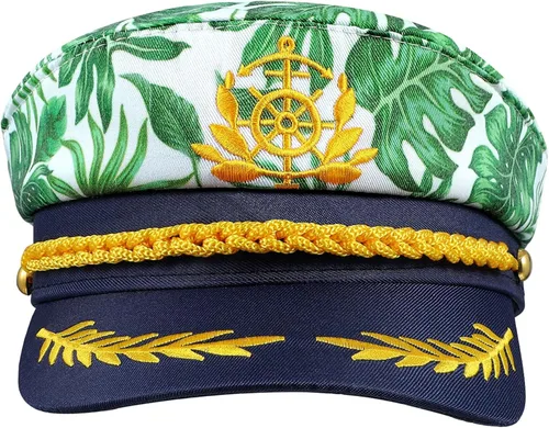Vista 2 de SOIMISS Sombrero de yate para adulto, sombrero de capitán Monstera con estampado de hojas marinero, gorro de marinero, color azul marino, disfraz