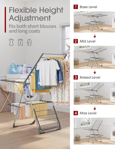 Vista 5 de Sakugi Escurridor de ropa, plegable de 2 niveles con alas ajustables en altura, para ropa y ropa de cama, estante independiente que ahorra espacio
