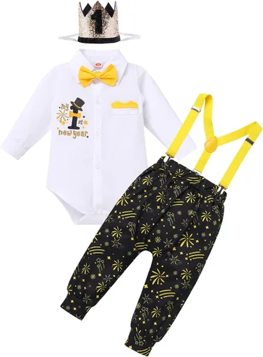 Vista 14 de IBTOM CASTLE Traje de invierno para bebé niño con copos de nieve para primer cumpleaños, mameluco con estampado de pastel y pantalones largos