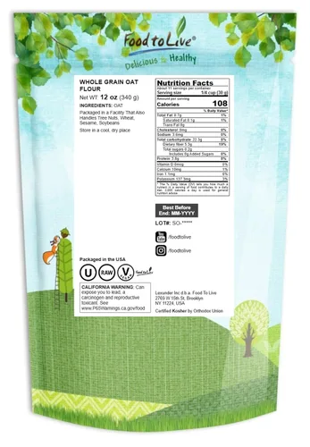 Vista 2 de Food to Live Harina de avena integral – Finamente molida a partir de granos de avena integrales, vegana. Rica en fibra, proteínas. Perfecto