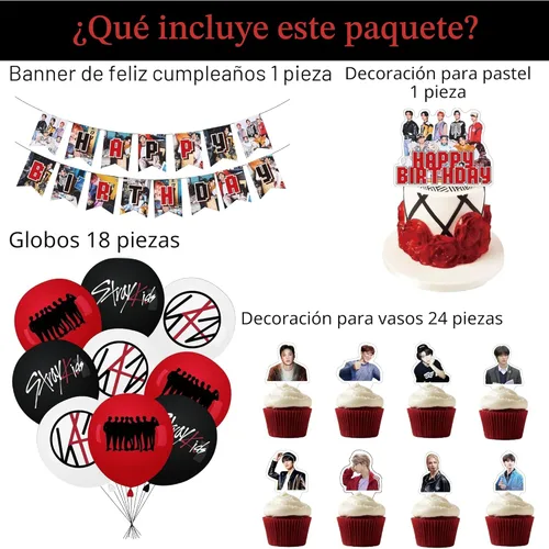 Vista 2 de Mercancía de Stray Kids, decoración de fiesta de 5 estrellas, incluye pancartas de feliz cumpleaños, adornos para pasteles, adornos para magdalenas