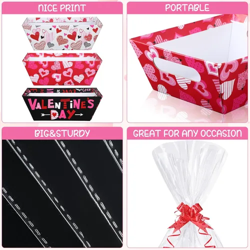 Vista 3 de Tatuo Juego de 12 cestas de San Valentín para regalos vacías con bolsas de celofán, bandeja de mercado de corazón de San Valentín, lazos, kit