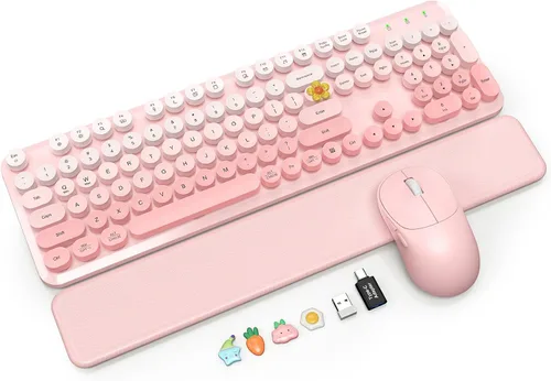 Vista 16 de Combo de teclado y mouse inalámbricos con reposamuñecas magnético, teclas redondas, teclado retro de tamaño completo, patas inclinables de dos Azul