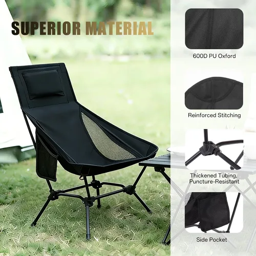 Vista 5 de Silla de camping plegable de respaldo alto con almohada, silla portátil ligera para adultos, ajuste de altura 2 en 1, reclinación profunda