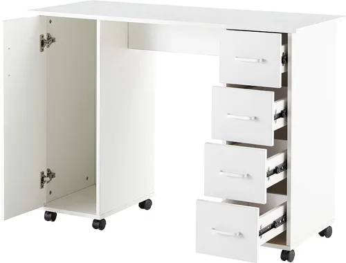 Vista 4 de Escritorio de manicura de uñas para técnico, estación de mesa de uñas de spa de salón de madera con gabinete, cajones, ruedas controlables (blanco)