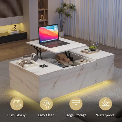 Vista 7 de Mesa de centro LED, mesas de centro elevables de 47.2 pulgadas con cajones y gran almacenamiento, mesa inteligente para sala de estar con carga