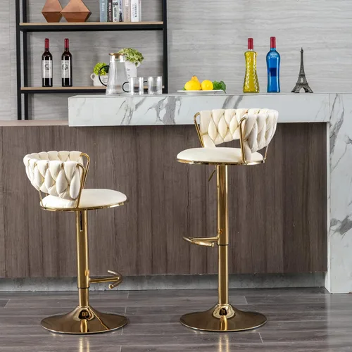 Vista 9 de Juego de 2 taburetes de bar tejidos de terciopelo, taburetes de cocina de altura ajustable, silla de isla, sillas de bar giratorias de 360°, chasis