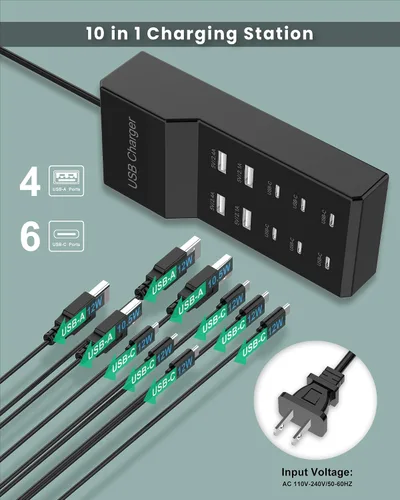 Vista 2 de Bloque de Cargador USB C Estación de Carga USB-C de 10 Puertos 6 Puertos USBC y 4 Puertos USB-A Total 50W Tira de Enchufes USB para Múltiples