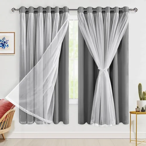 Vista 79 de Hiasan Cortinas opacas con superposición transparente, aislamiento térmico para mezclar y combinar de doble capa, cortinas de oscurecimiento de Beige