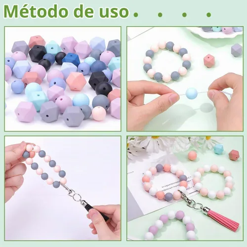 Vista 3 de Vellibring 121 piezas de abalorios de silicona para kit de llaveros, abalorios de goma redondos de 12 mm y 15 mm, poligonales de 14 mm, abalorios