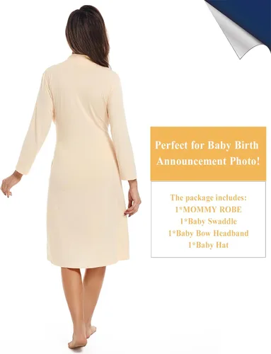 Vista 5 de QTECLOR Bata de maternidad con manta a juego, bata de maternidad Barhrobe para parto para hospital, vestido de mujer
