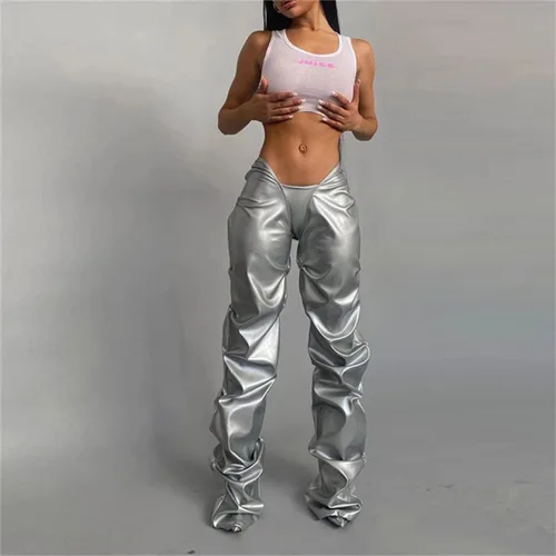 Vista 2 de LROSEY Pantalones metálicos para mujer, hipster, de piel sintética, con cintura en V, apilados, Metálico