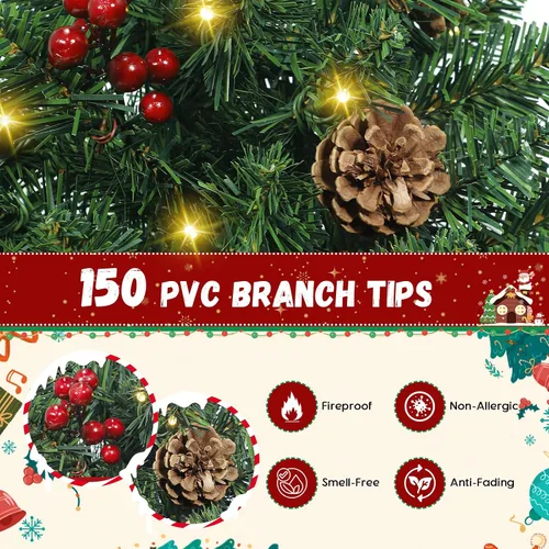 Vista 7 de 2 piezas árbol de Navidad de 3 pies con luces, pequeño árbol de Navidad artificial de PVC preiluminado de Navidad con 78 luces LED cálidas, bayas 3