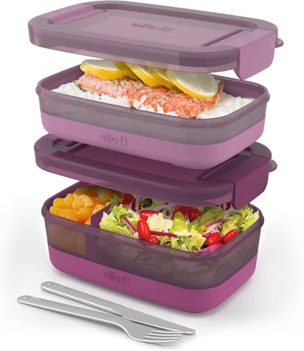 Vista 10 de Ello Juego de 2 contenedores de almacenamiento de alimentos de plástico para lonchera, tipo Bento, con tapas de plástico herméticas, a prueba