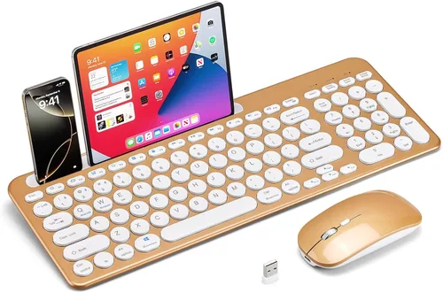 Vista 10 de Combo de teclado y mouse inalámbricos con soporte para tableta de teléfono, modo dual recargable (Bluetooth 5.0 y 3.0 +2.4G) mouse silencioso