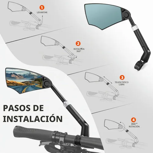 Vista 5 de WEST BIKING Espejo de bicicleta antideslumbrante para manillar - Espejo retrovisor de bicicleta con lente retráctil y ajustable de 360 °, espejo
