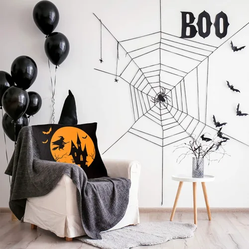 Vista 6 de Whaline 4 fundas de almohada de Halloween, funda de almohada naranja y negra, funda de cojín de lino para sofá cama (18 x 18 pulgadas)