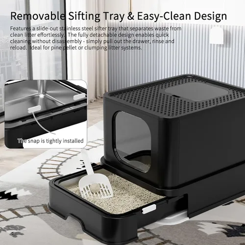 Vista 6 de RIZZARI Caja de Arena Cerrada para Gatos: Diseño Grande de Acero Inoxidable Anti-Fugas Controla el Olor - Todo Negro Sin Desodorizante - para Gatos