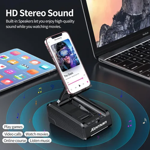 Vista 4 de JTEMAN Soporte para teléfono celular con altavoz Bluetooth, soporte para gadgets de cocina de escritorio con altavoz, regalos de cumpleaños