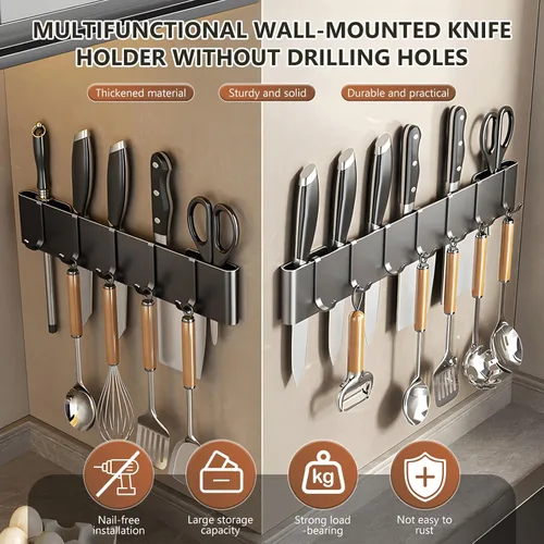 Vista 5 de Colgador de utensilios de cocina: soporte para colgar en pared, 7 ganchos, sin taladrar para cocina, despensa, baño, sala de estar de 15.75 pulgadas