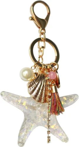 Vista 2 de Llavero con borlas de concha de estrella de mar de perla, llavero de diamantes de imitación de cristal, dije de bolso, Blanco