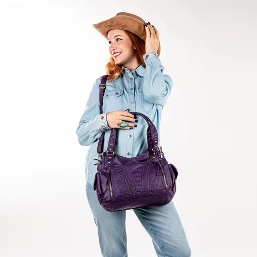 Vista 2 de Montana West Bolsos Hobo de cuero lavado para mujer, bolsos espaciosos con correa cruzada