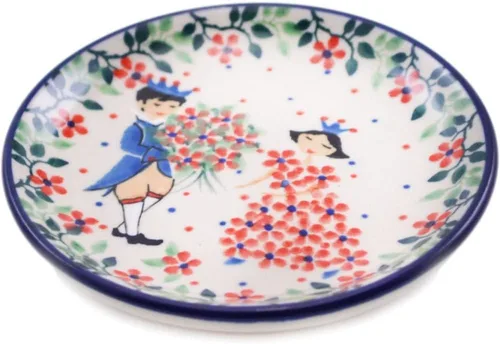 Vista 2 de Polmedia Polish Pottery Mini plato, placa de posavasos UNIKAT - Un patrón de cuento de hadas de flores hecho a mano en Boleslawiec Polonia por