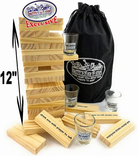 Vista 3 de Juego de 60 piezas de torre borracha de madera XL con vasos de chupito y bolsa de almacenamiento de Mystery Stop de juguete