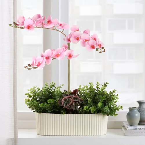 Vista 4 de Orquídeas artificiales de 38 pulgadas, 6 unidades, orquídeas falsas rosas, orquídeas de seda de terciopelo, flores artificiales de tallo largo