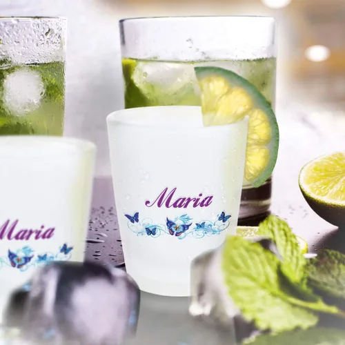 Vista 4 de Taza de cristal de cerámica azul de mariposa femenina con texto personalizado