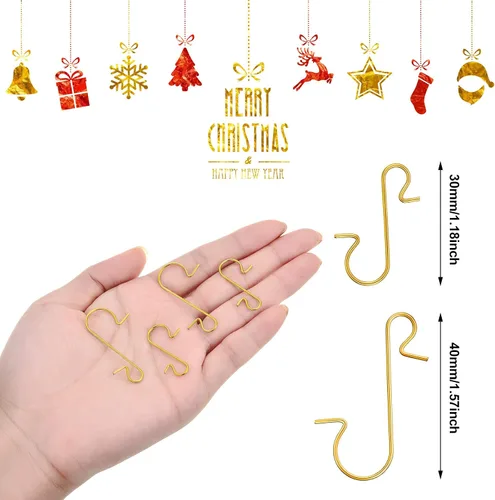 Vista 2 de Hotop 200 ganchos dorados para adornos de Navidad, 1.18 pulgadas, 1.57 pulgadas, ganchos de alambre de metal para árbol de Navidad con caja