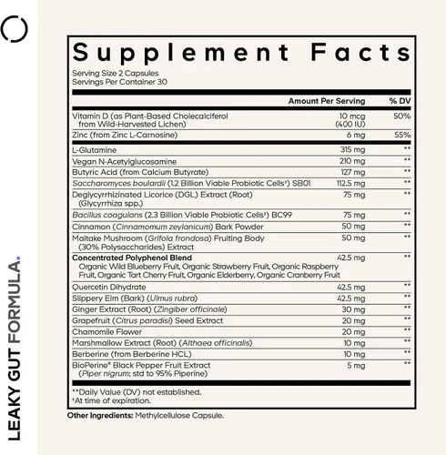 Vista 2 de Codeage - Suplemento para intestino permeable, L-Glutamina, N-Acetilglucosamina, Probiótico, Ácido Butírico, Polifenoles, Quercetina, DGL, Raíz