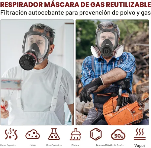 Vista 6 de Máscara respiradora contra gases, rostro completo, reutilizable, supervivencia nuclear y química, filtro carbón activado 6001 1.57″ para polvo