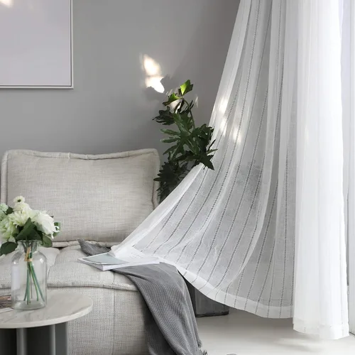 Vista 7 de Home Brilliant Cortinas a rayas transparentes de gasa para ventana pequeña para dormitorio, juego de 2, 54 x 45 pulgadas, gris claro