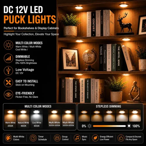 Vista 6 de Luces LED inteligentes de disco, iluminación regulable debajo del gabinete con control de aplicación Bluetooth, sincronización de música
