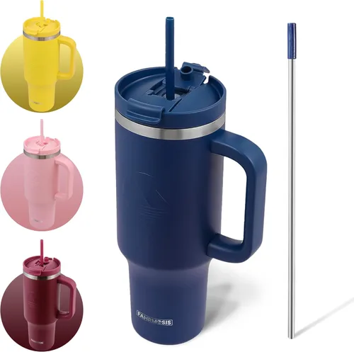 Vista 21 de FAHRMOSIS Vaso de 40 onzas con asa y pajita, taza aislada que cabe en el portavasos para bebidas frías y calientes, vaso a prueba de fugas