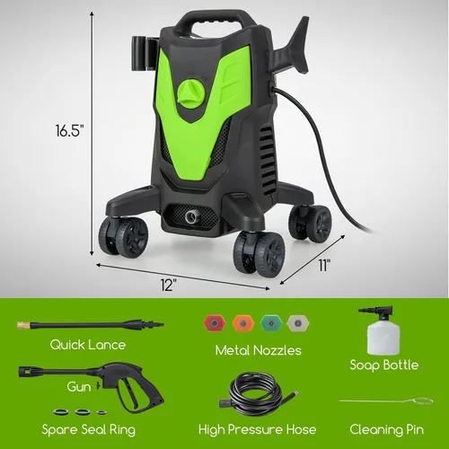 Vista 7 de Goplus Lavadora a presión eléctrica, 2400 PSI 1.7 GPM Lavadora de alta presión con 4 boquillas rápidas y ruedas universales, lavadora a presión