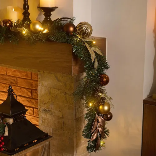 Vista 3 de Valery Madelyn - Guirnalda de Navidad de 1,8 m, preiluminada, con luces, para manto, guirnalda navideña iluminada para exteriores, con bolas