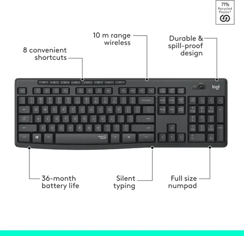 Vista 8 de Logitech MK295 Combo de teclado y mouse inalámbricos, teclas silenciosas SilentTouch, teclado numérico completo, receptor USB de 2.4 GHz