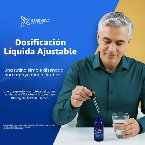 Vista 6 de Geronova Research® La solución R-lipoica, 2 fl oz Líquido de ácido R-lipoico estabilizado en potasio - Salud nerviosa y equilibrio celular - Gotas