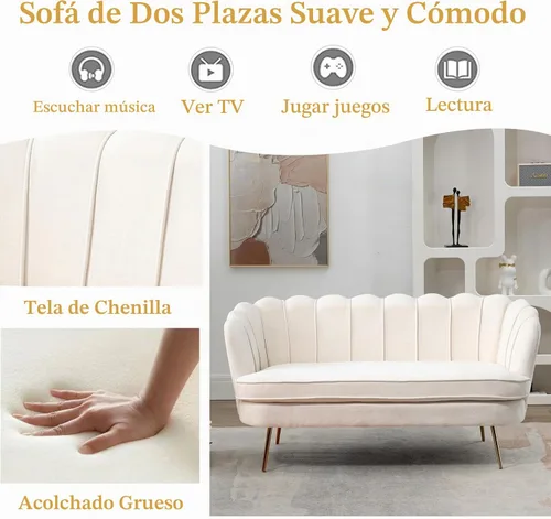 Vista 5 de Anwickjeff 59" de ancho sofá de dos plazas moderno de bouclé, sofá pequeño mini para espacios pequeños, sofá de 2 plazas con patas de metal dorado