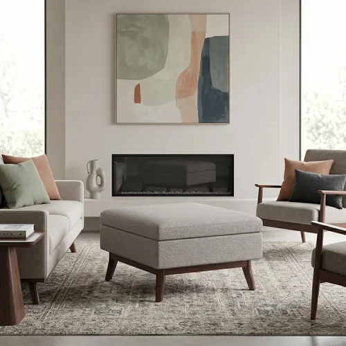 Vista 4 de SIMPLIHOME Owen Mesa de Centro Rectangular Moderna de Mediados de Siglo de 34 pulgadas de Ancho con Otomana de Almacenamiento en Tela de Poliéster