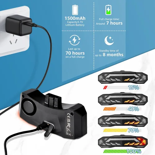 Vista 3 de Ebike Turn Signals, Rechargeable Bike Tail Light with Remote IP65 Waterproof Bicycle Rear Light, USB Rechargeable, Wireless Control Blinkers Fits