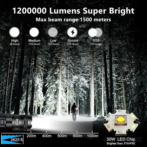 Vista 2 de Linternas recargables de alto lúmenes, linternas LED de mano de haz largo de 4,921.3 ft, linterna táctica súper brillante con pantalla
