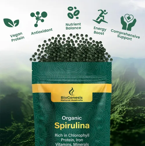 Vista 3 de Biogenesis Mini tabletas de espirulina orgánica, 300 unidades (200 mg) Algas azul-verdes cultivadas en Australia Ricas en ficocianina, clorofila